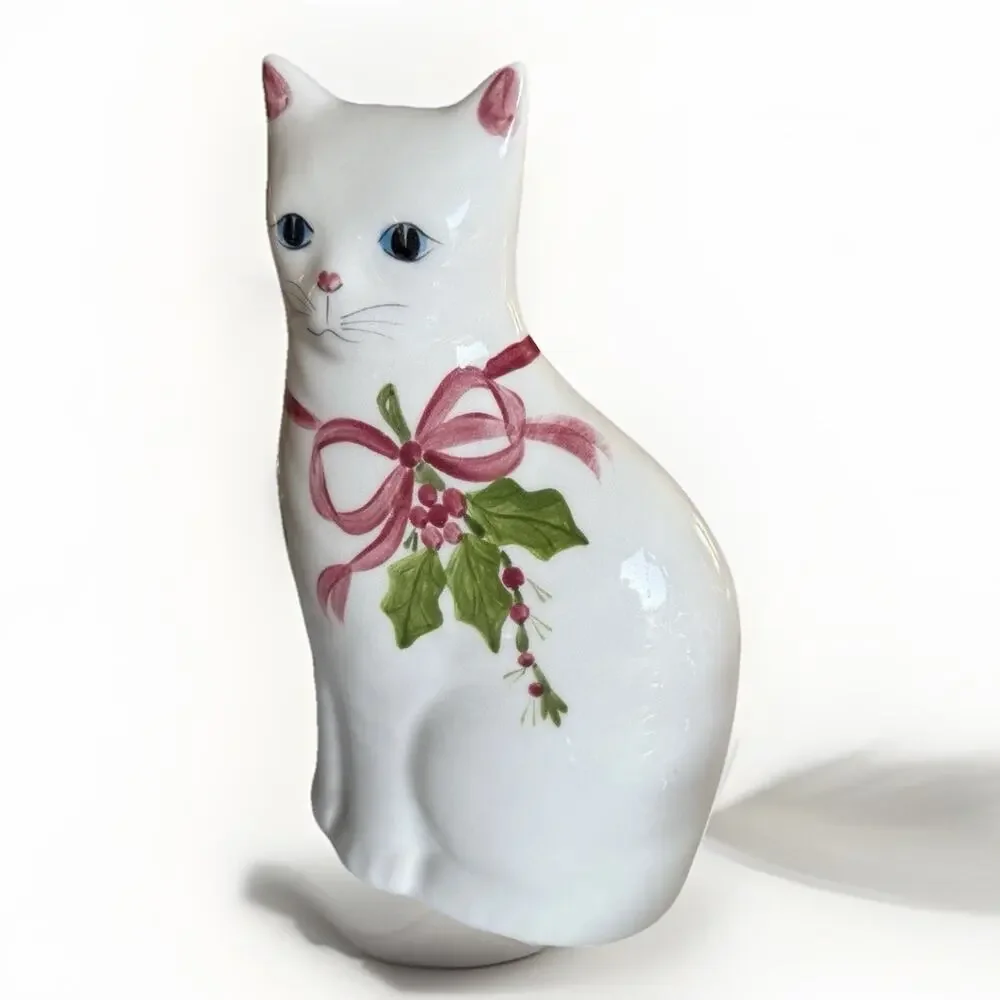 Vintage N.S. Gustin And Company 9x3” Cat Kitten Pink Floral Ceramic White